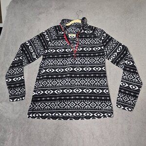 Eddie Bauer Fleece Jacket Women's Large Half Zip Pullover Black White Aztec